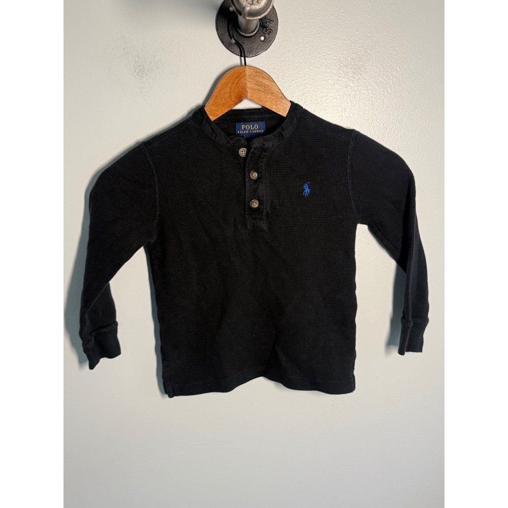 Polo Ralph Lauren Boys Black Waffle Knit Thermal Henley Long Sleeve Shirt Size S